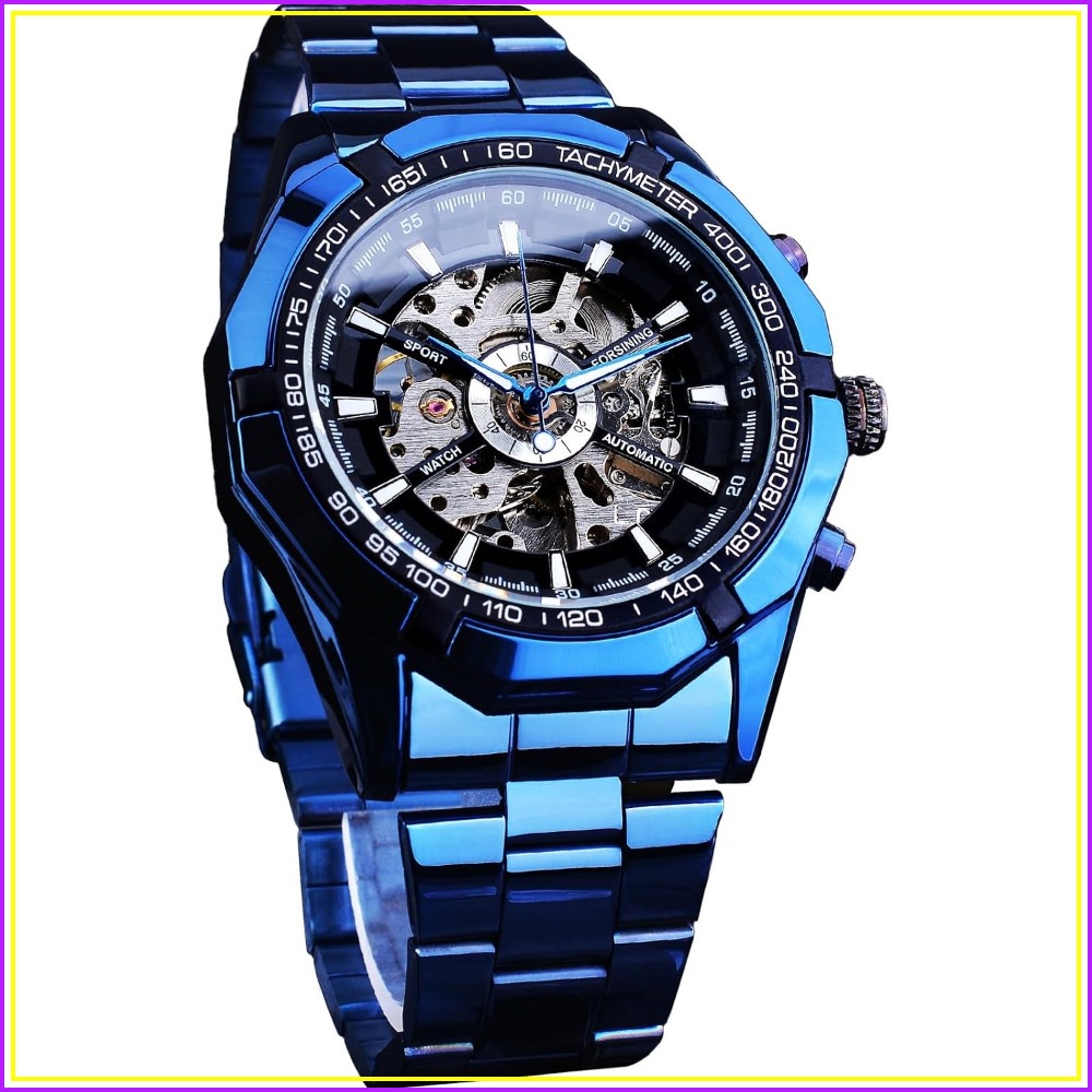 メンズ機械式時計 スケルトン 自動巻き ブルーブラック ステ - Luxury Watch Image のレビューと価格